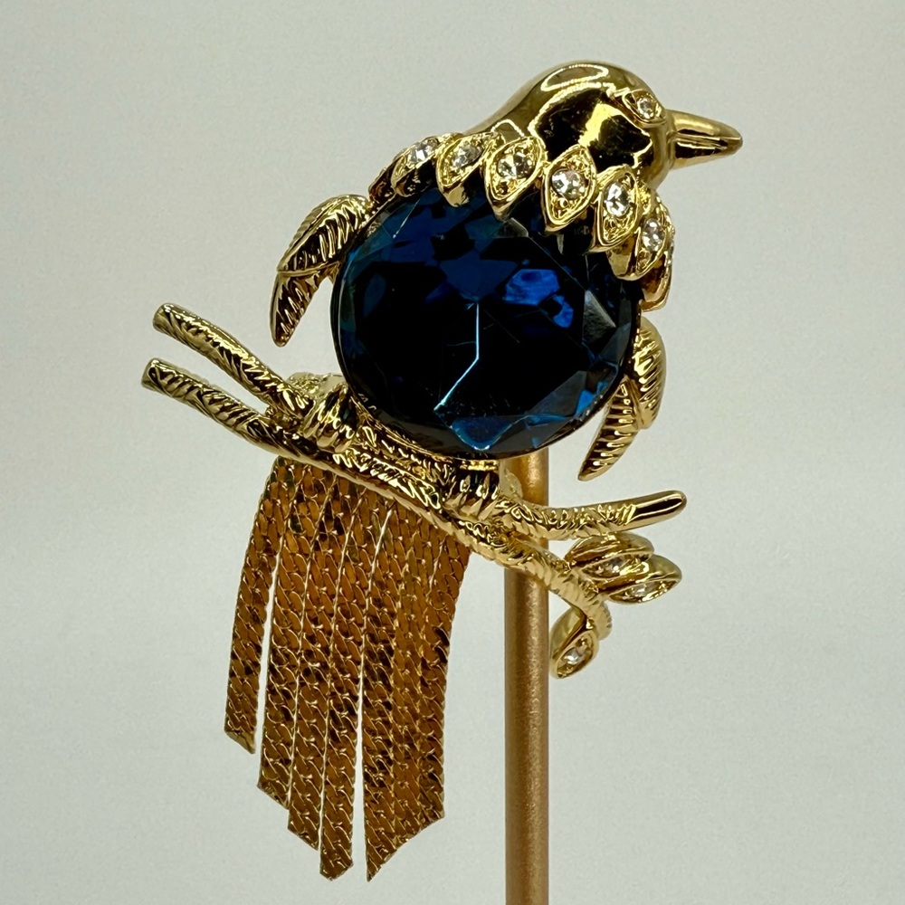 Rare Vintage Kenneth Jay Lane Bird Brooch – 1990s Signed KJL Blue Crystal Gold - Picture 16 of 17